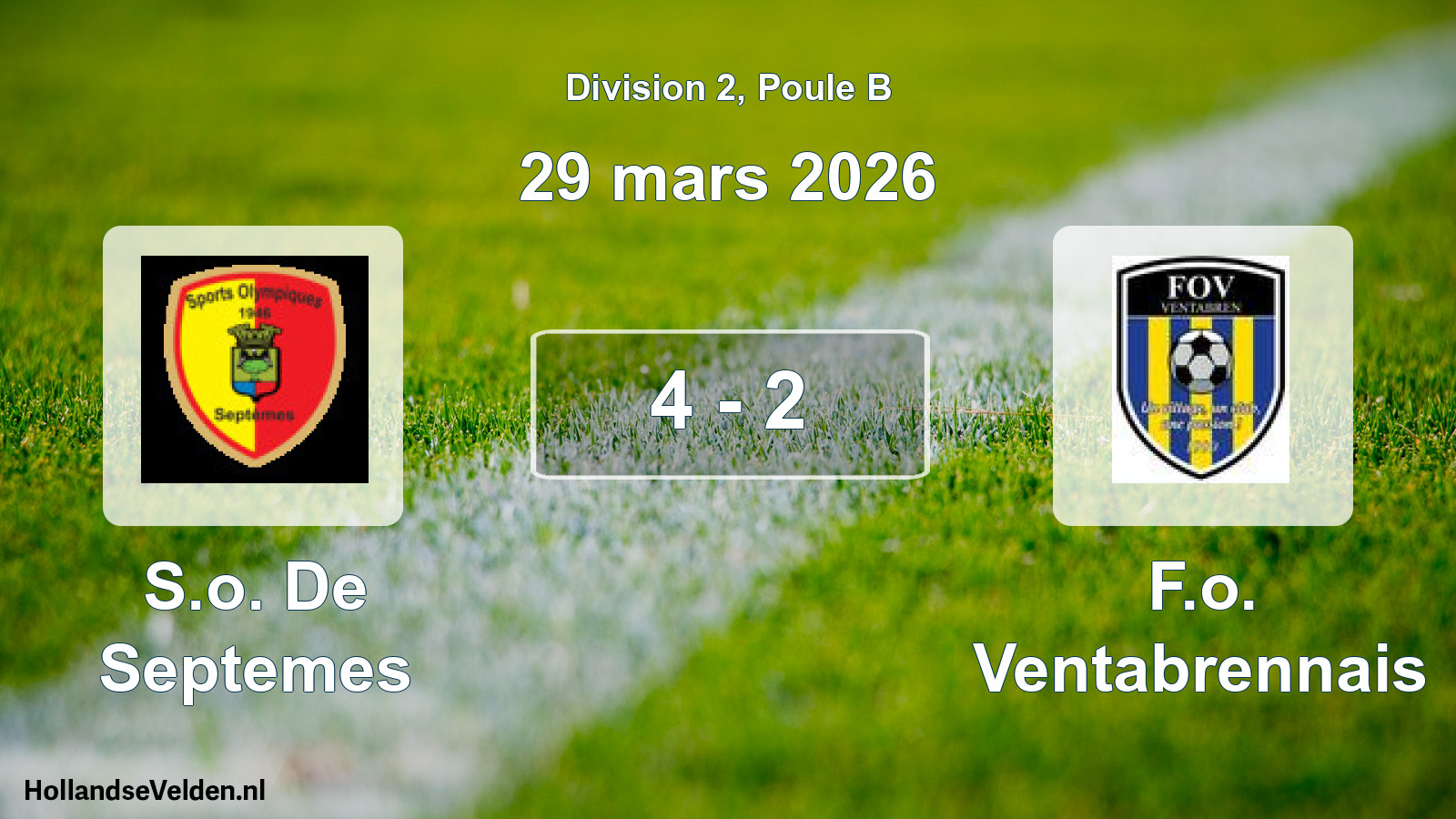 Total number of matches played: S.o. De Septemes - F.o. Ventabrennais 4 - 2 (29 March 2026)