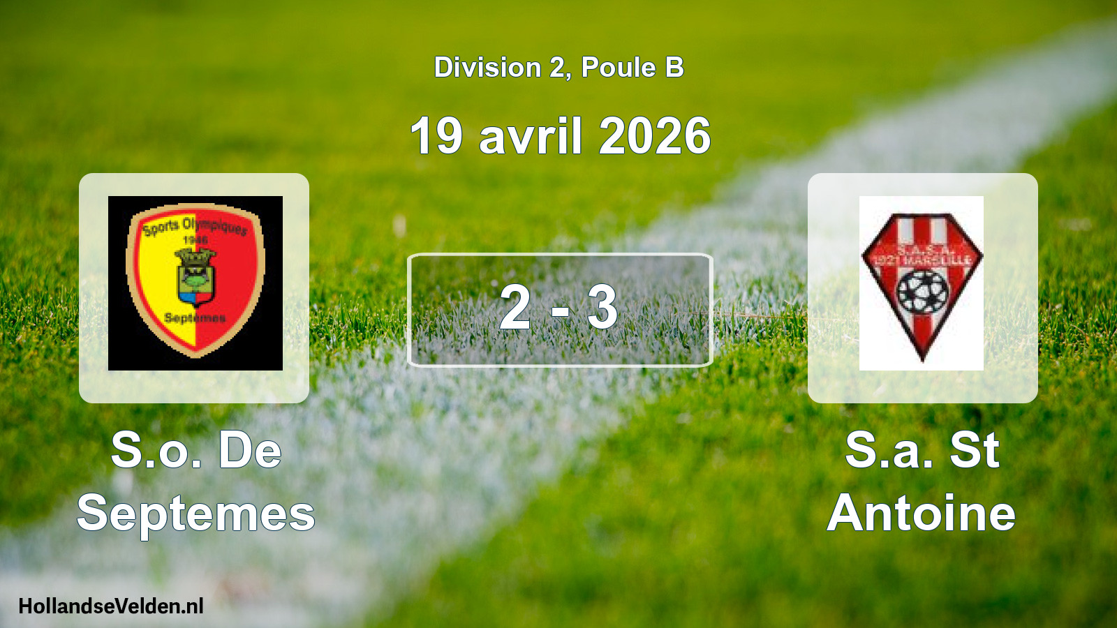 Total number of matches played: S.o. De Septemes - S.a. St Antoine 2 - 3 (19 April 2026)
