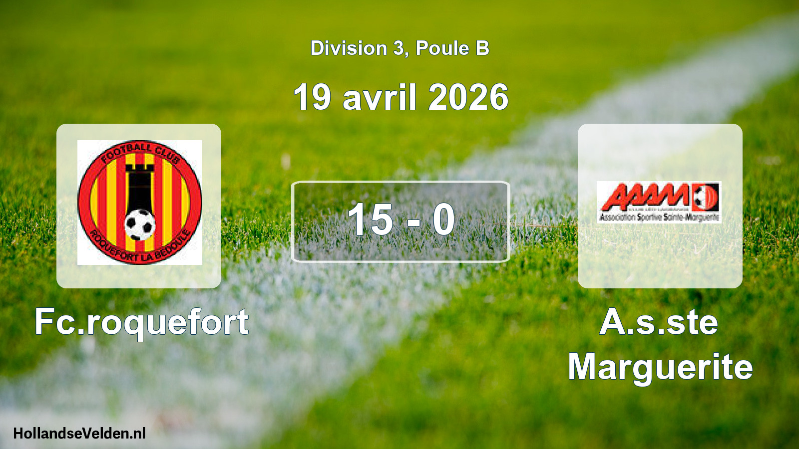 Total number of matches played: Fc.roquefort - A.s.ste Marguerite 15 - 0 (19 April 2026)