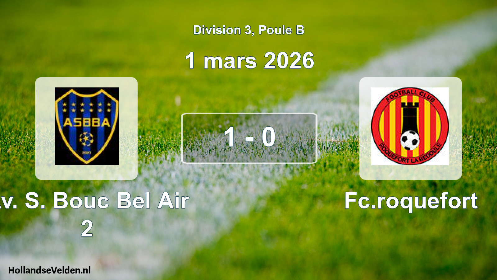 Match joué: Av. S. Bouc Bel Air 2 - Fc.roquefort 1 - 0 (1 mars 2026)