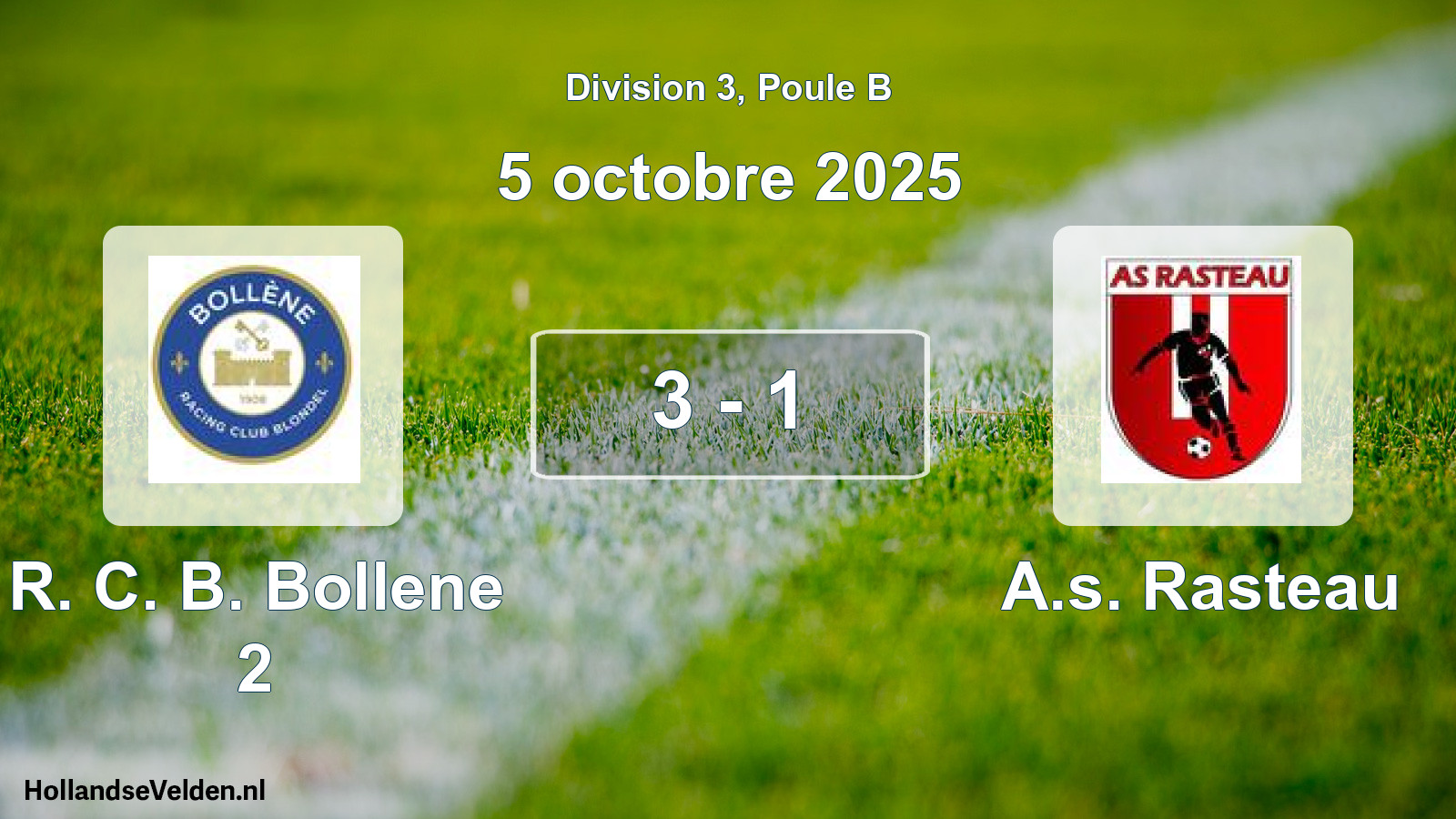 Match joué: R. C. B. Bollene 2 - A.s. Rasteau 3 - 1 (5 octobre 2025)