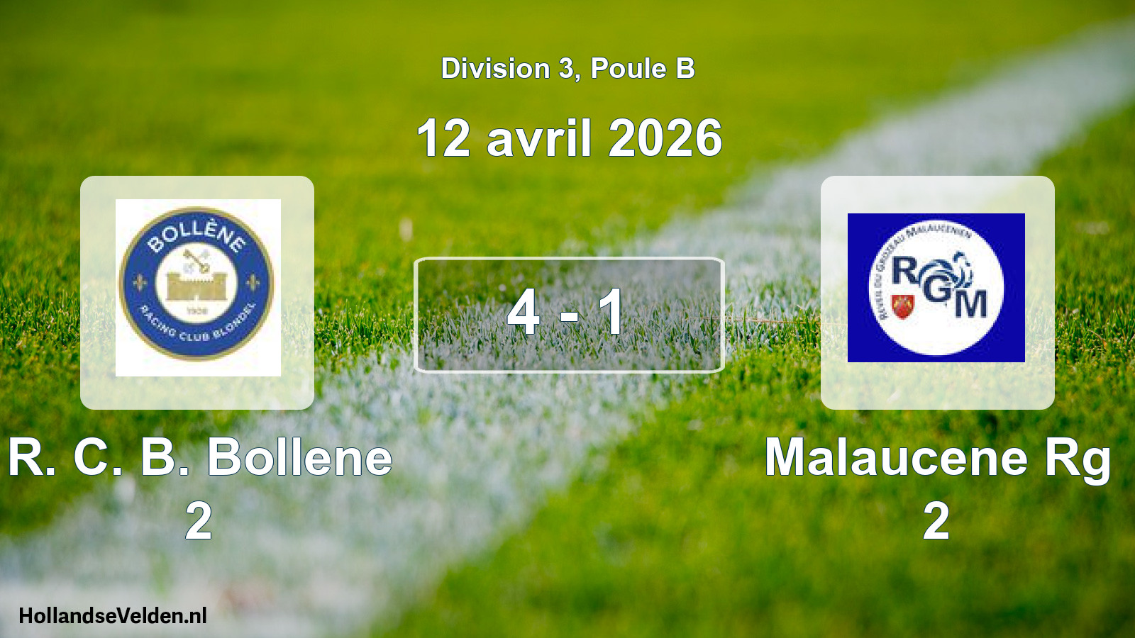 Total number of matches played: R. C. B. Bollene 2 - Malaucene Rg 2 4 - 1 (12 April 2026)