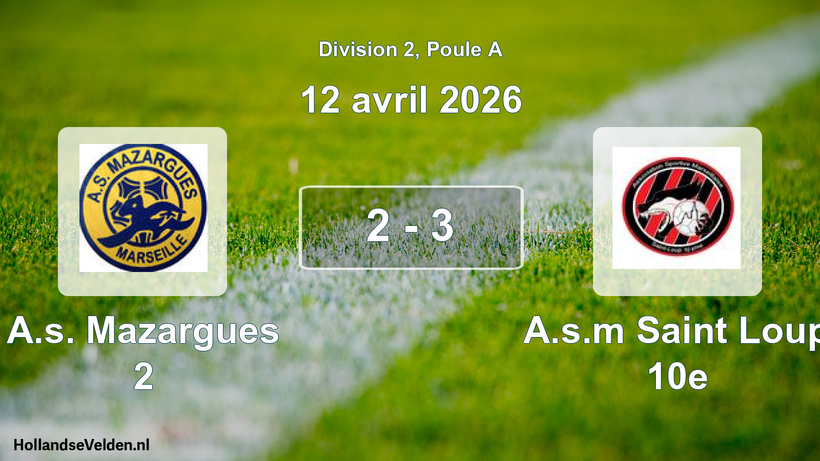 Match joué: A.s. Mazargues 2 - A.s.m Saint Loup 10e 2 - 3 (12 avril 2026)
