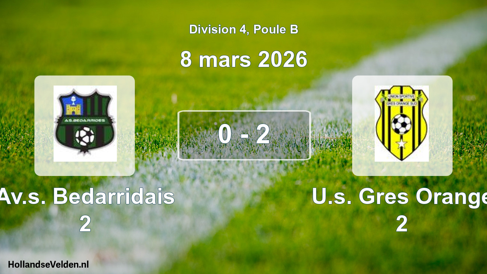 Total number of matches played: Av.s. Bedarridais 2 - U.s. Gres Orange 2 0 - 2 (8 March 2026)