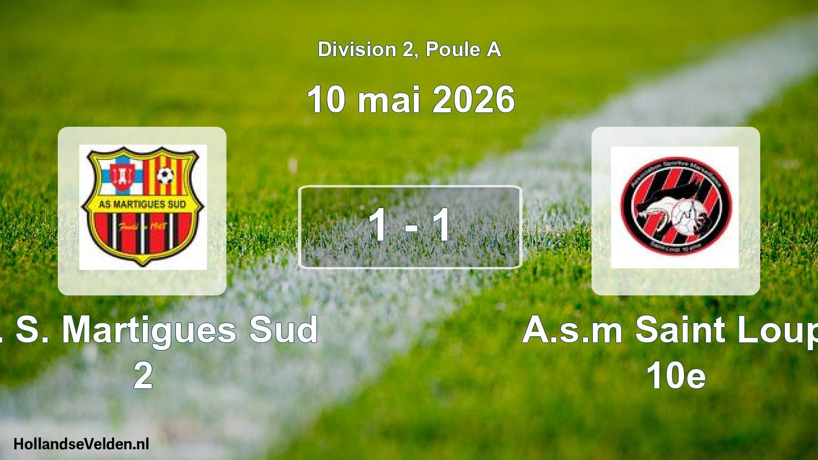 Match joué: A. S. Martigues Sud 2 - A.s.m Saint Loup 10e 1 - 1 (10 mai 2026)