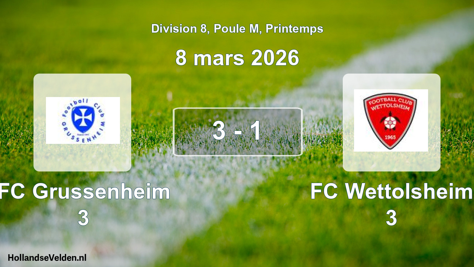 Gespeelde wedstrijd: FC Grussenheim 3 - FC Wettolsheim 3 3 - 1 (8 maart 2026)