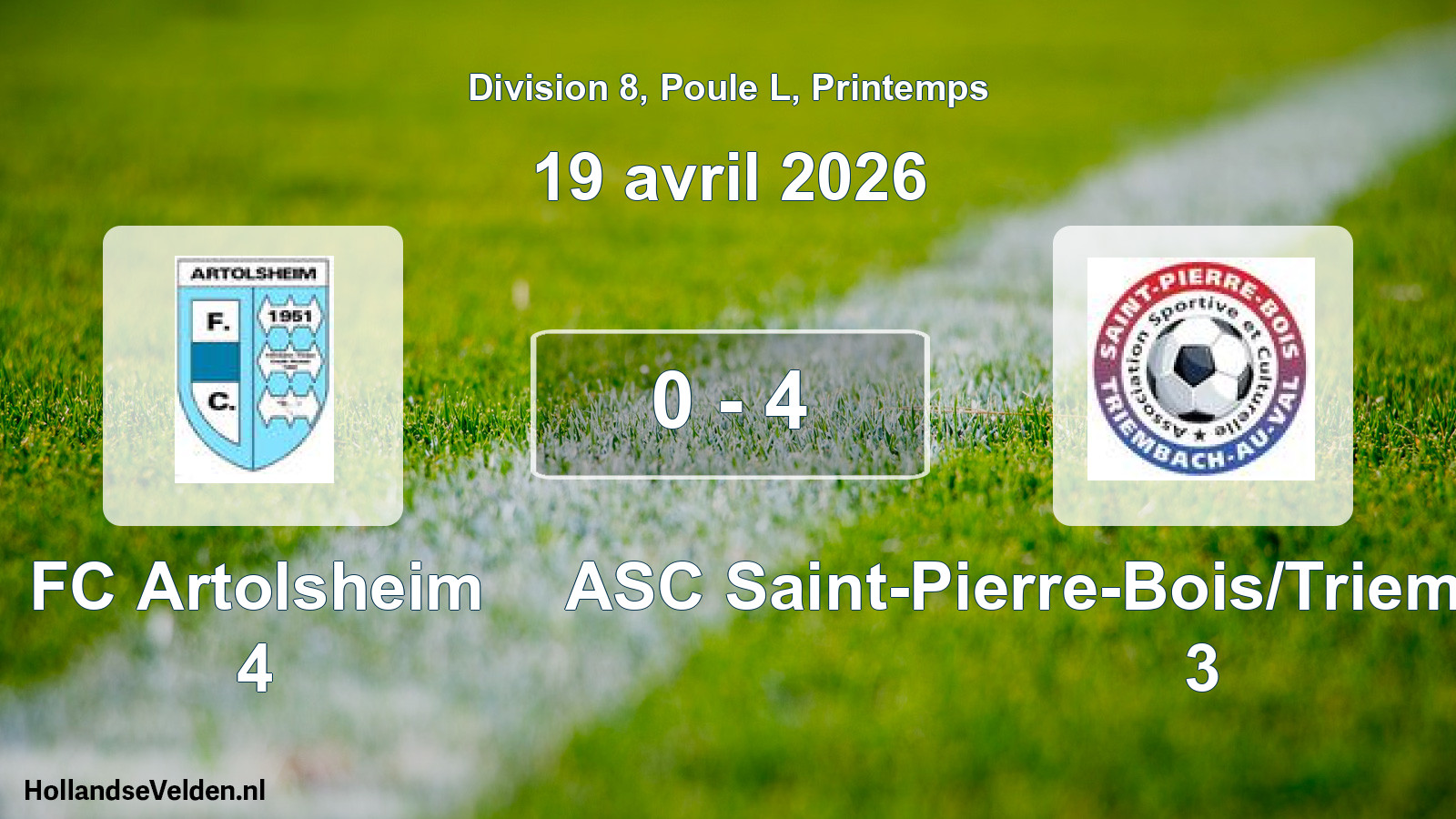 Gespeelde wedstrijd: FC Artolsheim 4 - ASC Saint-Pierre-Bois/Triembach-au-Val 3 0 - 4 (19 april 2026)