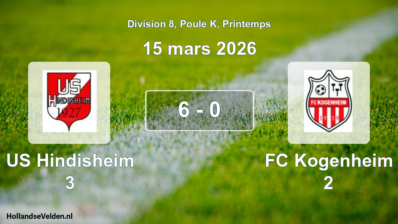 Gespeelde wedstrijd: US Hindisheim 3 - FC Kogenheim 2 6 - 0 (15 maart 2026)