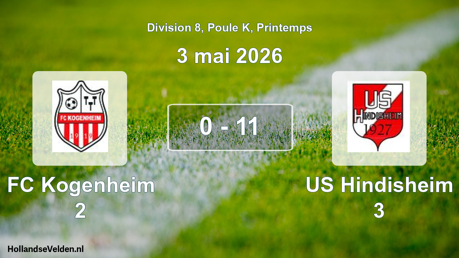 Gespeelde wedstrijd: FC Kogenheim 2 - US Hindisheim 3 0 - 11 (3 mei 2026)