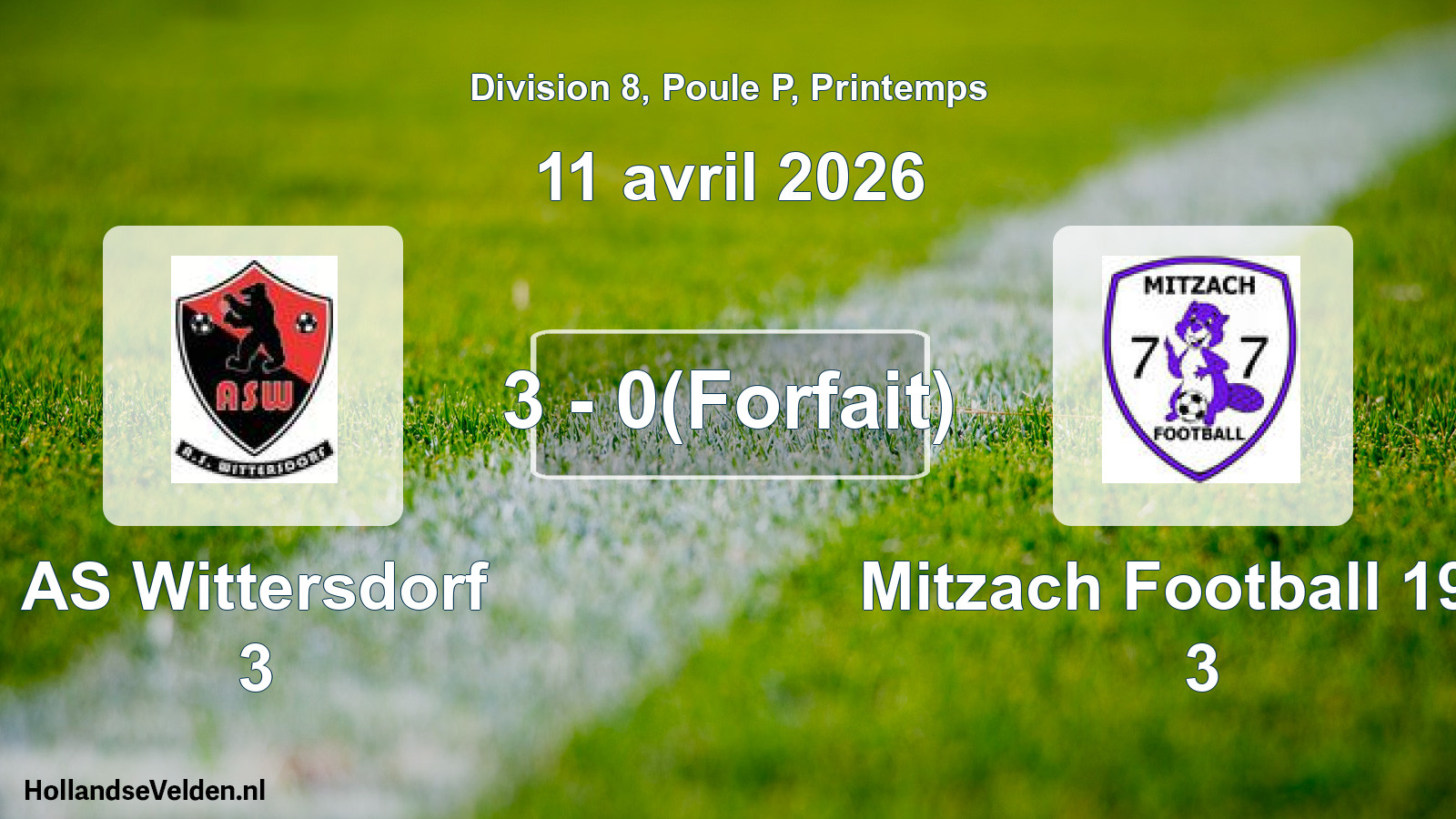 Gespeelde wedstrijd: AS Wittersdorf 3 - Mitzach Football 1977 3 3 - 0(Forfait) (11 april 2026)