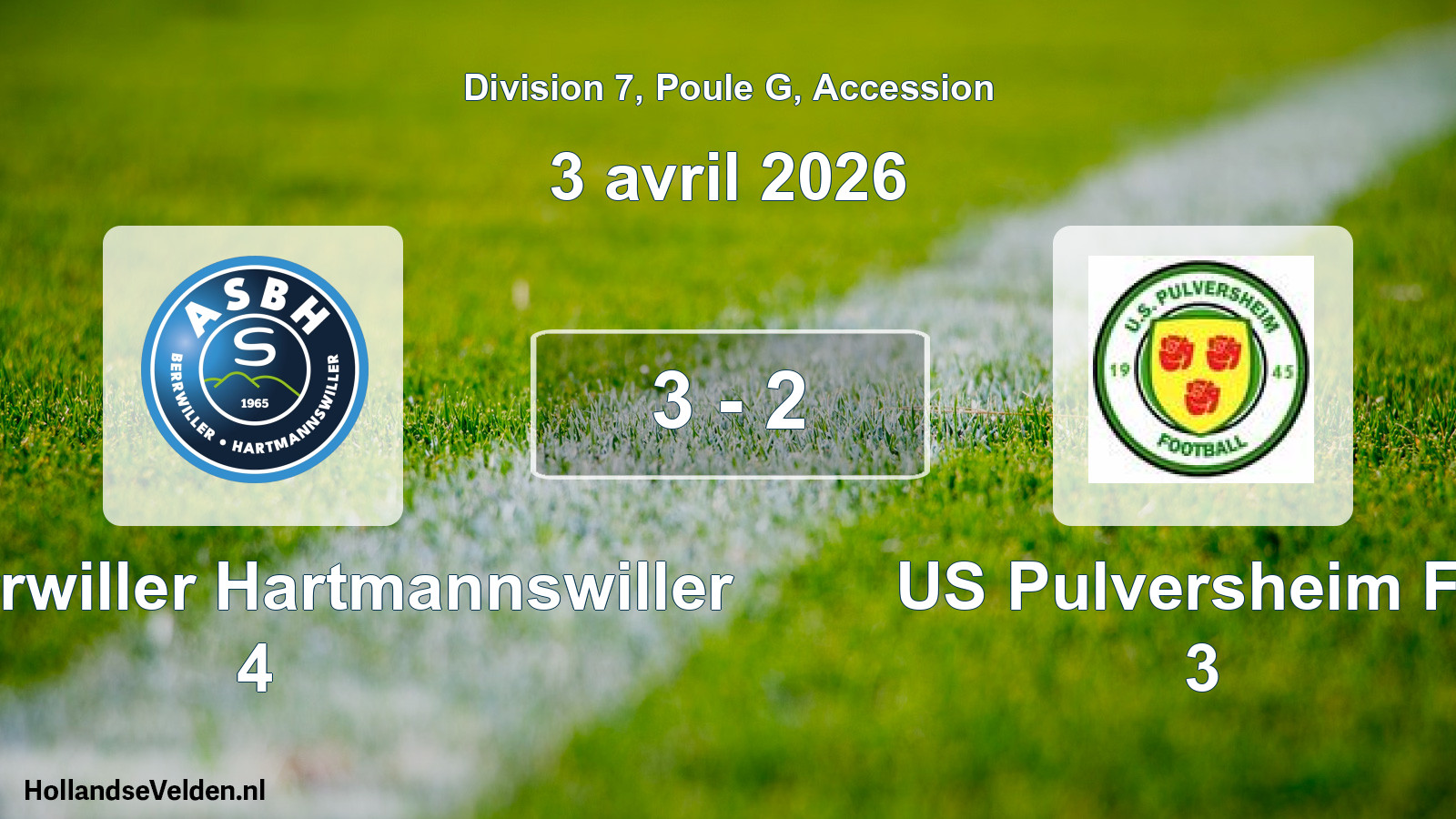 Gespeelde wedstrijd: AS Berrwiller Hartmannswiller 4 - US Pulversheim FC 3 3 - 2 (3 april 2026)