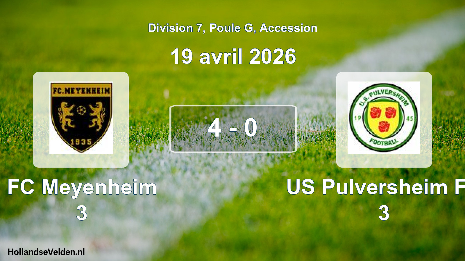 Gespeelde wedstrijd: FC Meyenheim 3 - US Pulversheim FC 3 4 - 0 (19 april 2026)