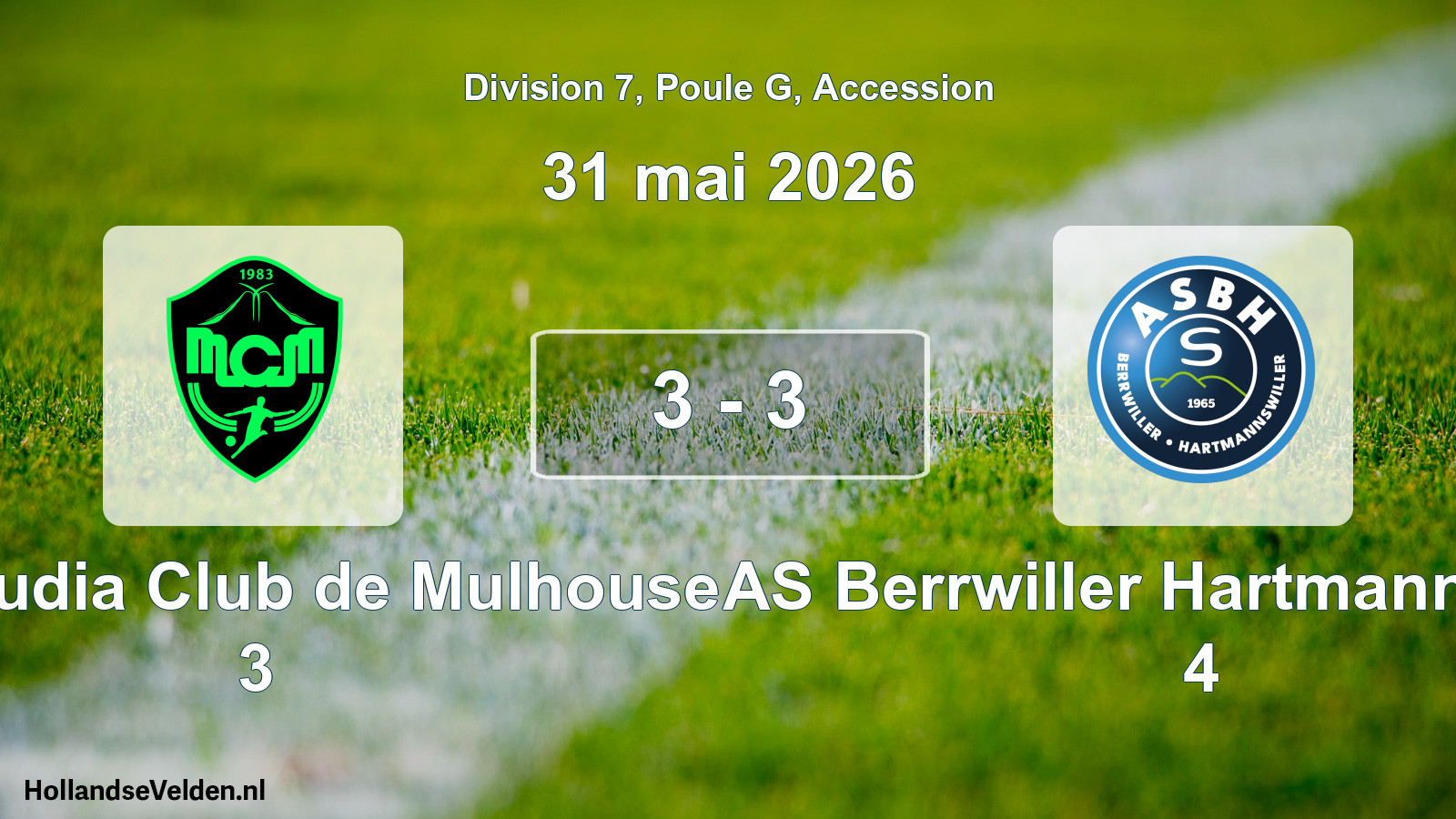 Gespeelde wedstrijd: Mouloudia Club de Mulhouse 3 - AS Berrwiller Hartmannswiller 4 3 - 3 (31 mei 2026)