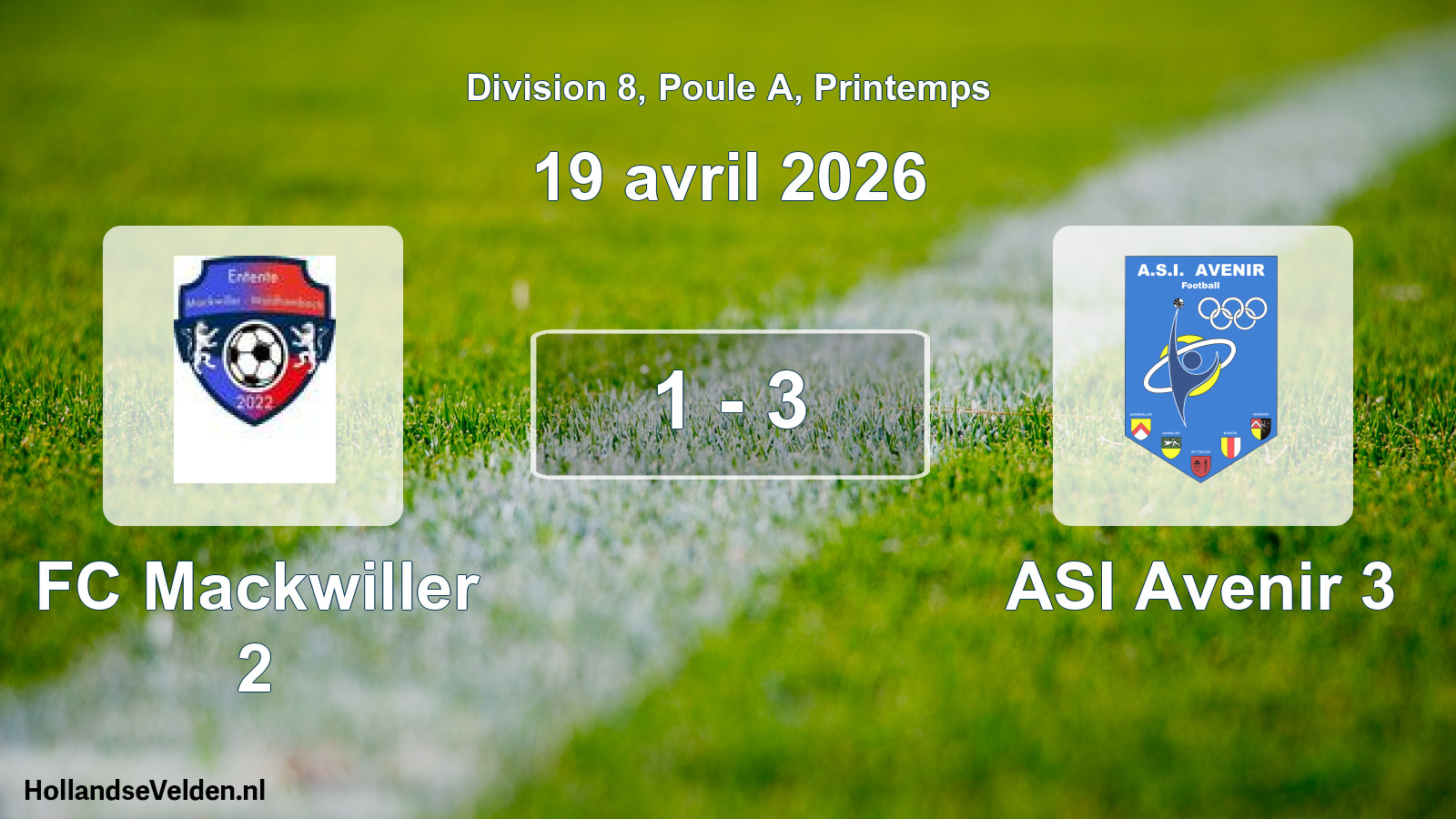 Gespeelde wedstrijd: FC Mackwiller 2 - ASI Avenir 3 1 - 3 (19 april 2026)
