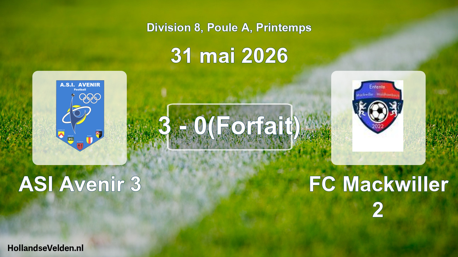 Gespeelde wedstrijd: ASI Avenir 3 - FC Mackwiller 2 3 - 0(Forfait) (31 mei 2026)