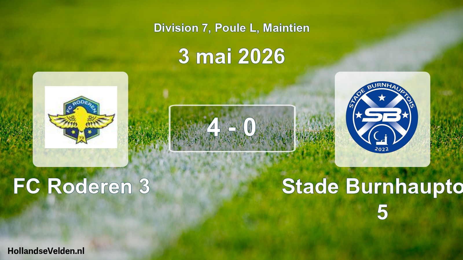 Gespeelde wedstrijd: FC Roderen 3 - Stade Burnhauptois 5 4 - 0 (3 mei 2026)