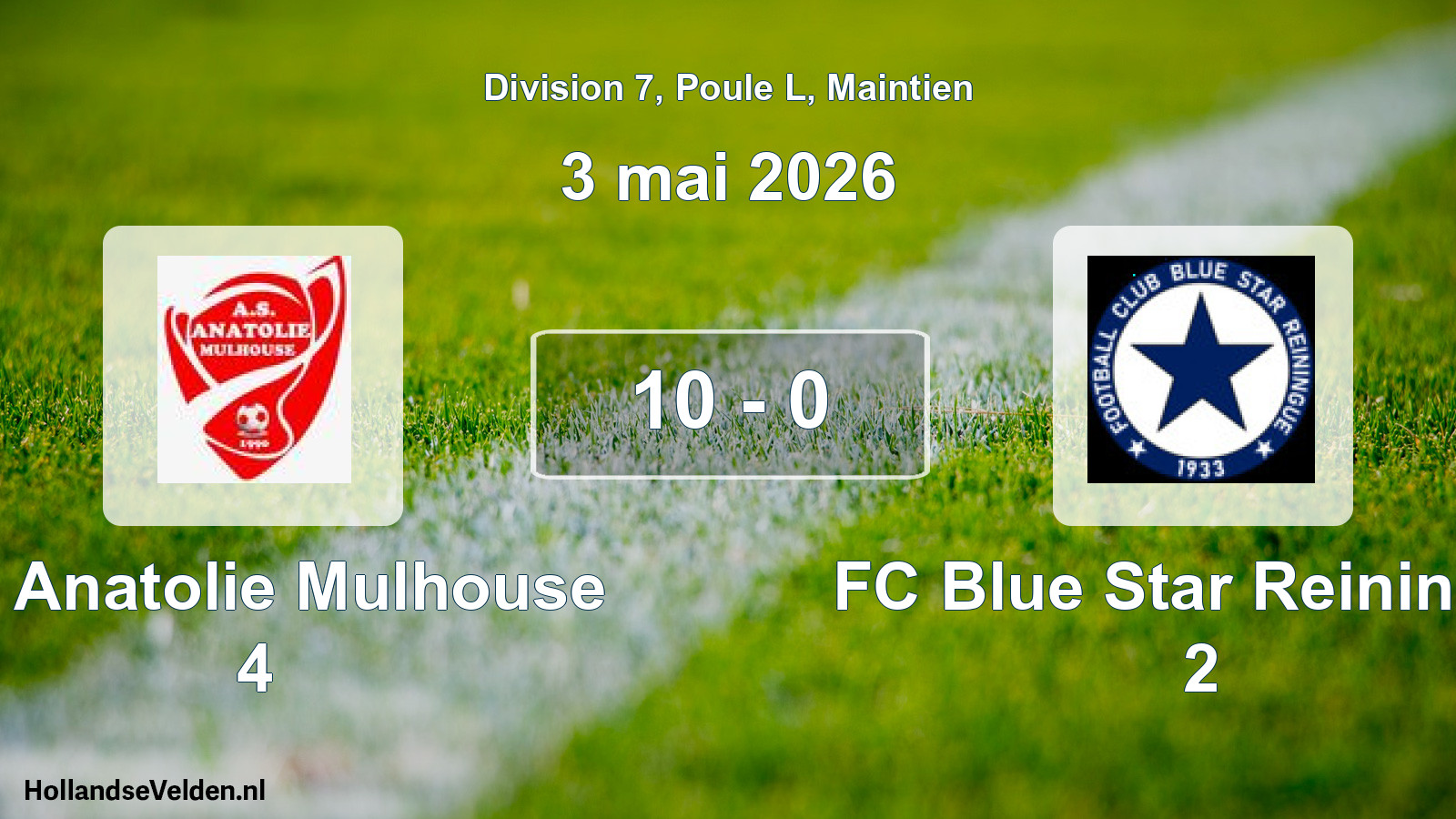 Gespeelde wedstrijd: AS Anatolie Mulhouse 4 - FC Blue Star Reiningue 2 10 - 0 (3 mei 2026)