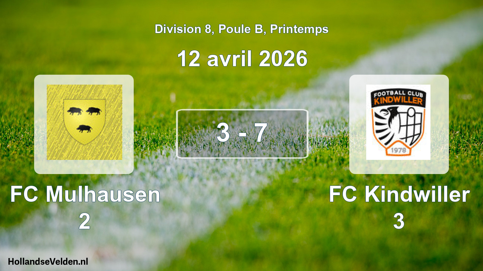 Gespeelde wedstrijd: FC Mulhausen 2 - FC Kindwiller 3 3 - 7 (12 april 2026)