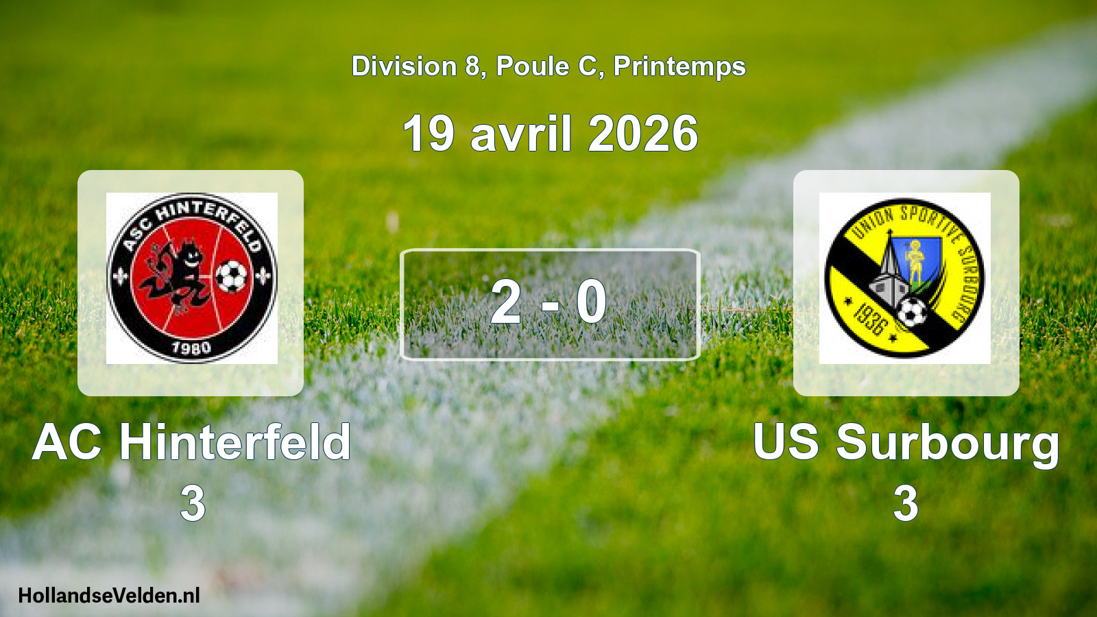Gespeelde wedstrijd: AC Hinterfeld 3 - US Surbourg 3 2 - 0 (19 april 2026)