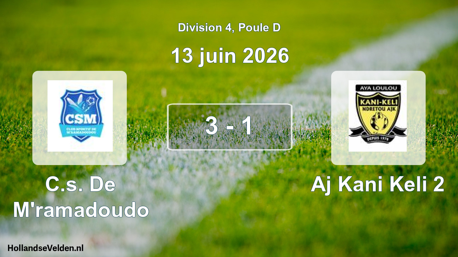 Match joué: C.s. De M'ramadoudo - Aj Kani Keli 2 3 - 1 (13 juin 2026)
