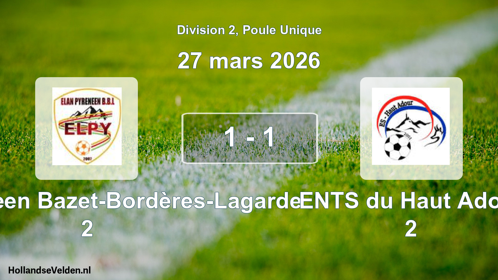 Match joué: Elan Pyreneen Bazet-Bordères-Lagarde 2 - ENTS du Haut Adour 2 1 - 1 (27 mars 2026)