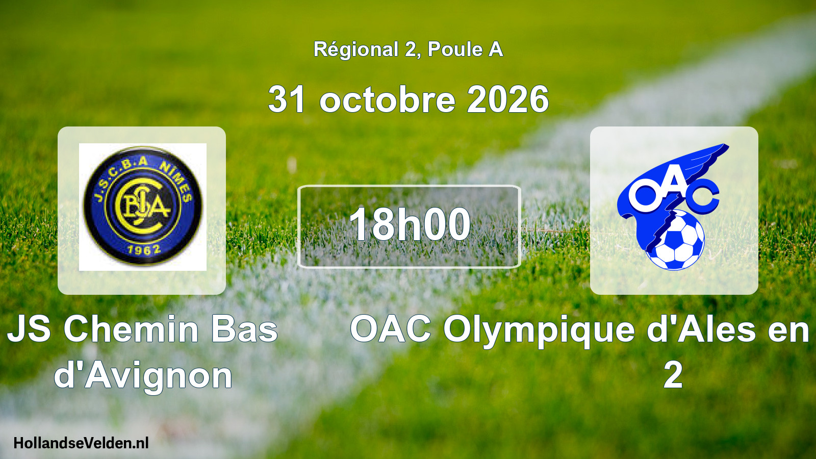 Match programmé: JS Chemin Bas d'Avignon - OAC Olympique d'Ales en Cevennes 2 (31 octobre 2026)