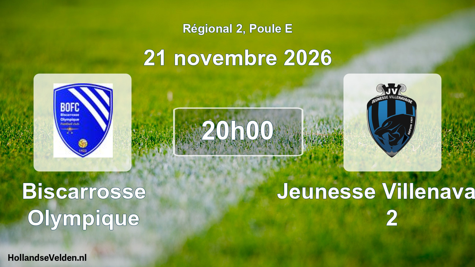 Match programmé: Biscarrosse Olympique - Jeunesse Villenavaise 2 (21 novembre 2026)