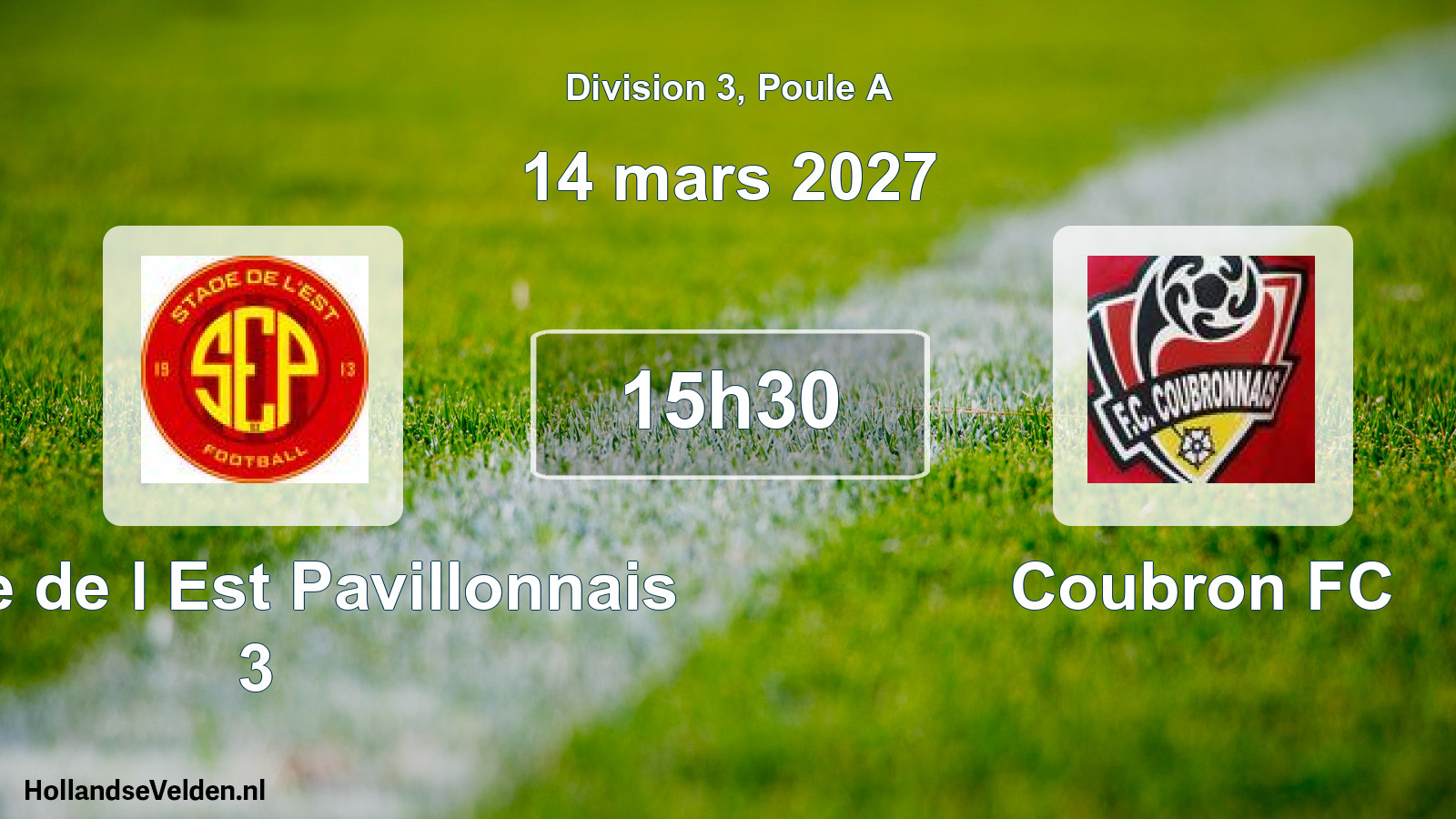 Match programmé: Stade de l Est Pavillonnais 3 - Coubron FC (14 mars 2027)