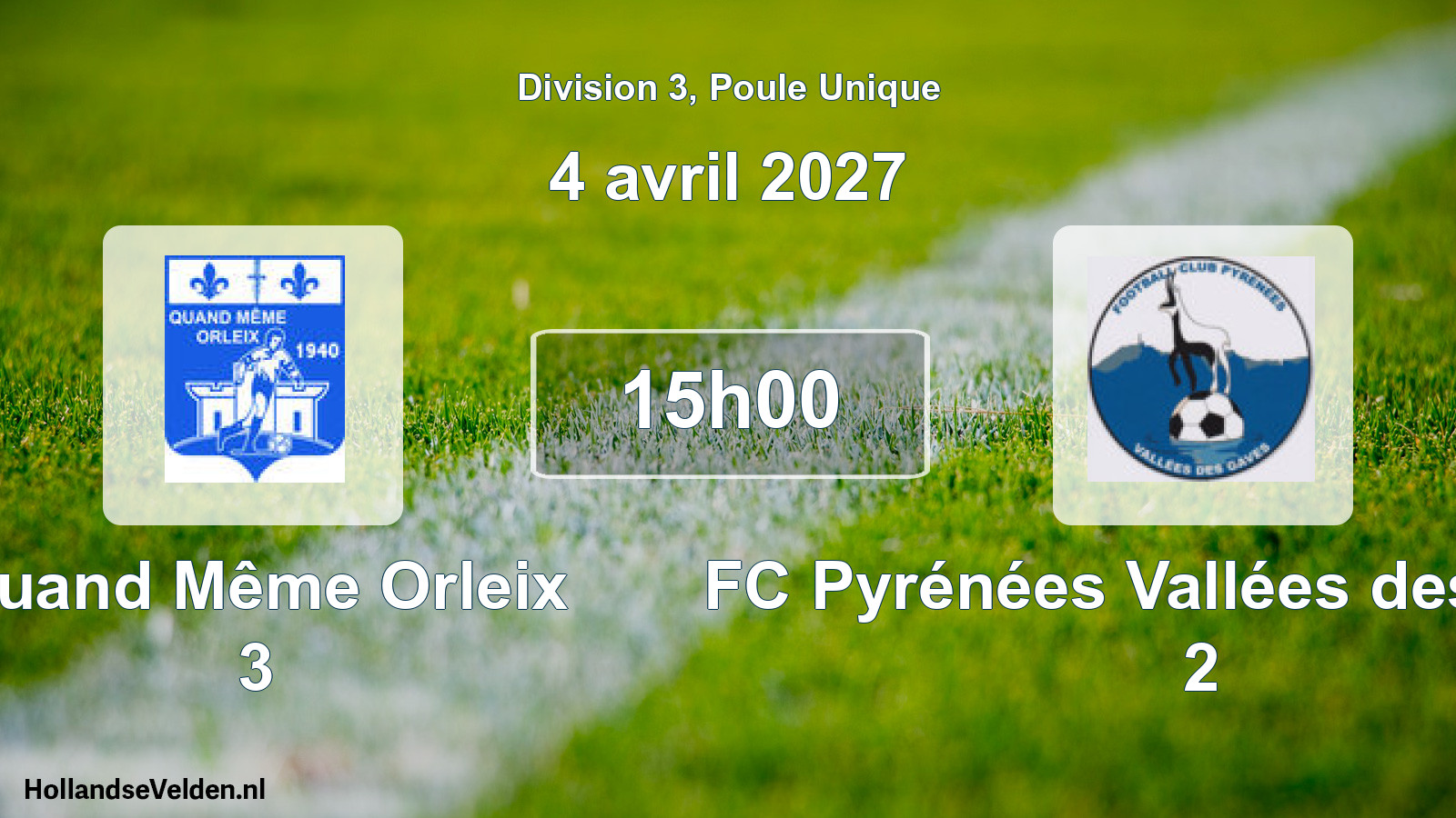 Match programmé: Quand Même Orleix 3 - FC Pyrénées Vallées des Gaves 2 (4 avril 2027)