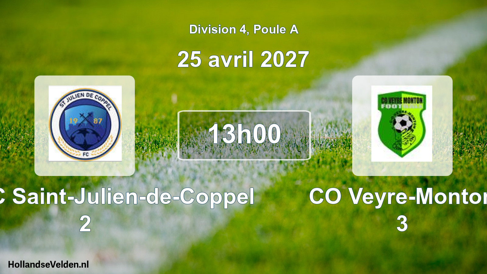 Match programmé: ACLSFC Saint-Julien-de-Coppel 2 - CO Veyre-Monton 3 (25 avril 2027)