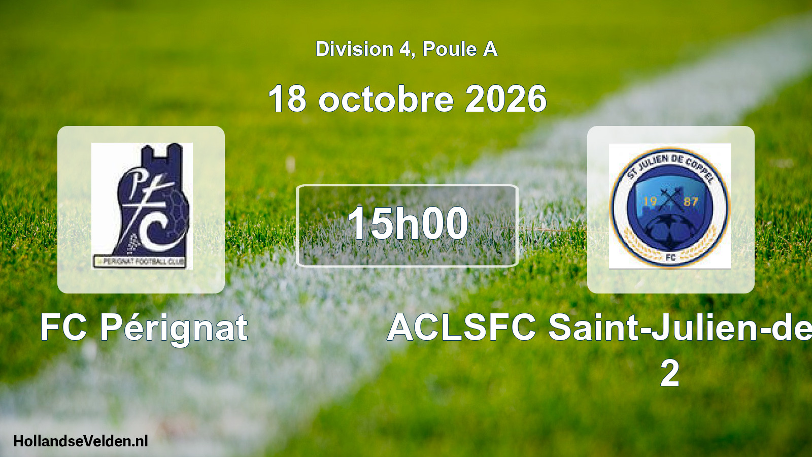 Match programmé: FC Pérignat - ACLSFC Saint-Julien-de-Coppel 2 (18 octobre 2026)