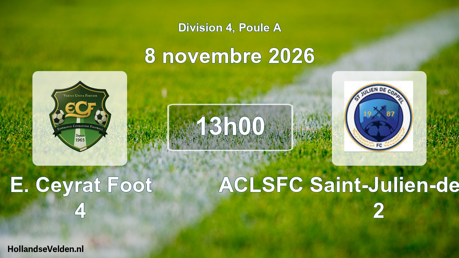Match programmé: E. Ceyrat Foot 4 - ACLSFC Saint-Julien-de-Coppel 2 (8 novembre 2026)