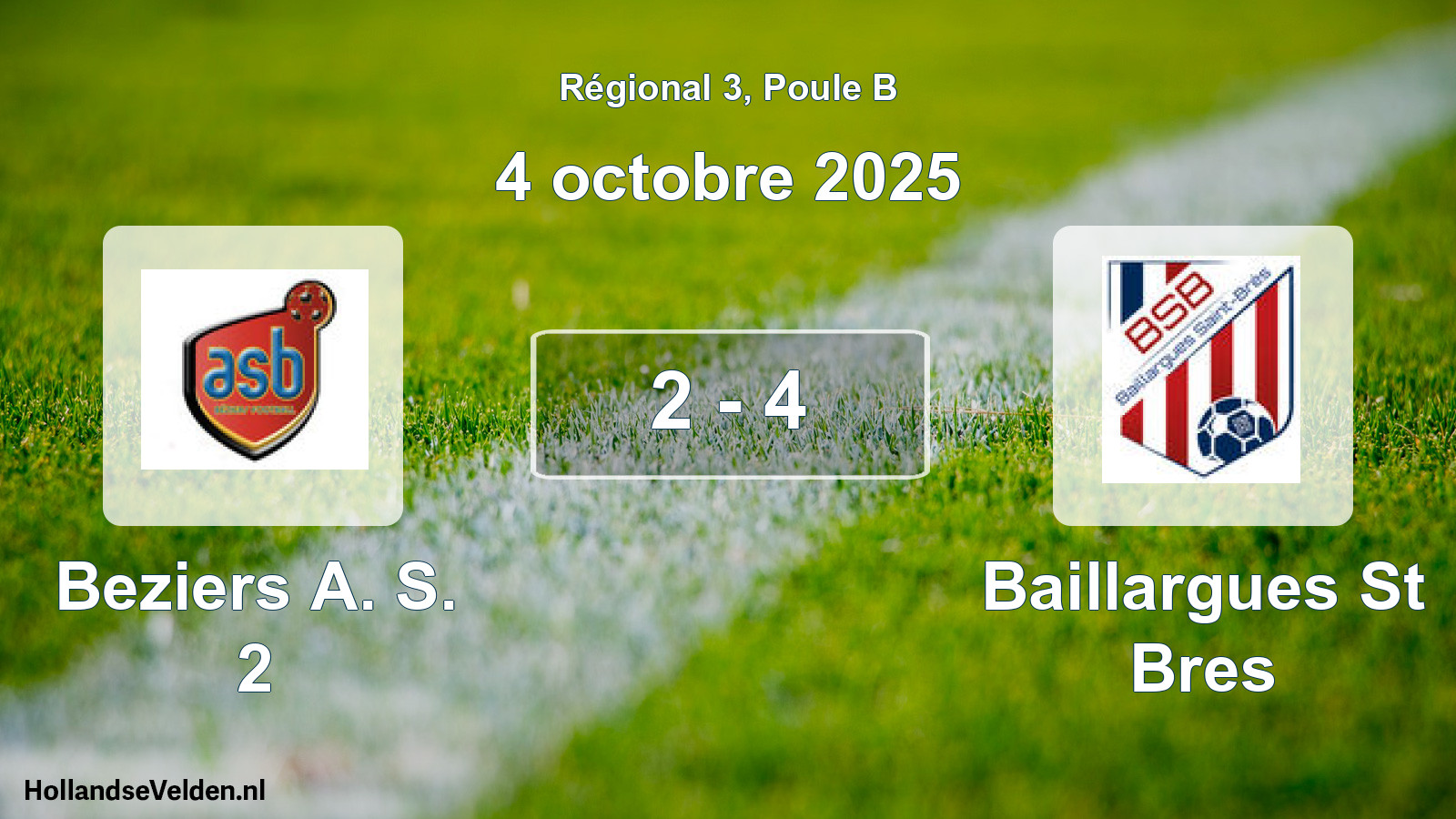 Gespeelde wedstrijd: Beziers A. S. 2 - Baillargues St Bres 2 - 4 (4 oktober 2025)
