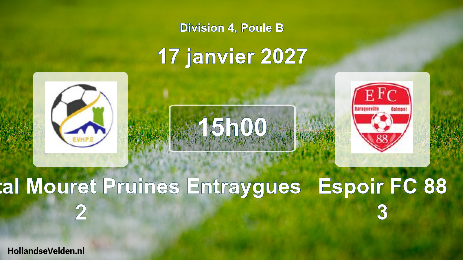 Match programmé: Ent. Villecomtal Mouret Pruines Entraygues 2 - Espoir FC 88 3 (17 janvier 2027)