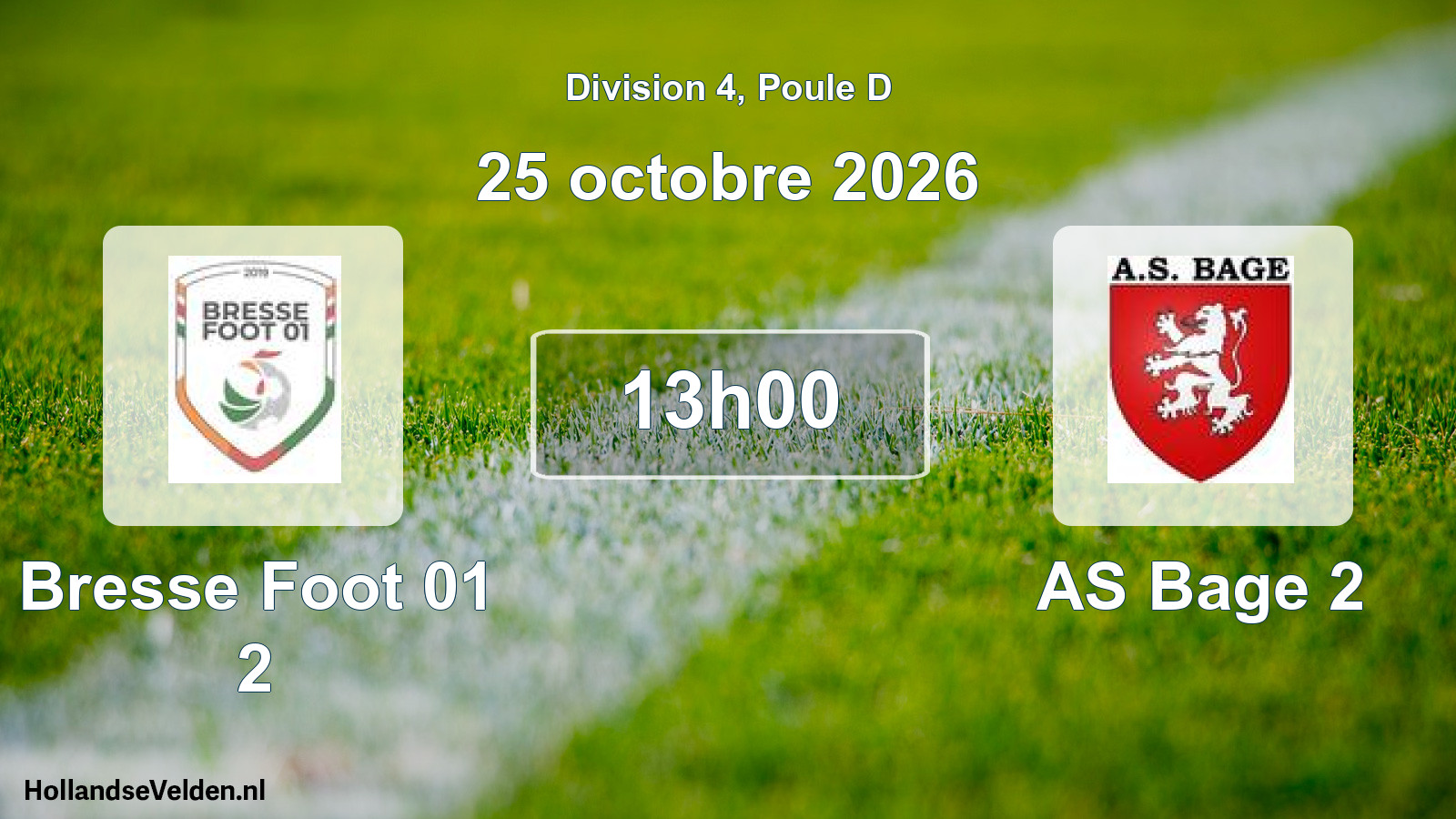Match programmé: Bresse Foot 01 2 - AS Bage 2 (25 octobre 2026)