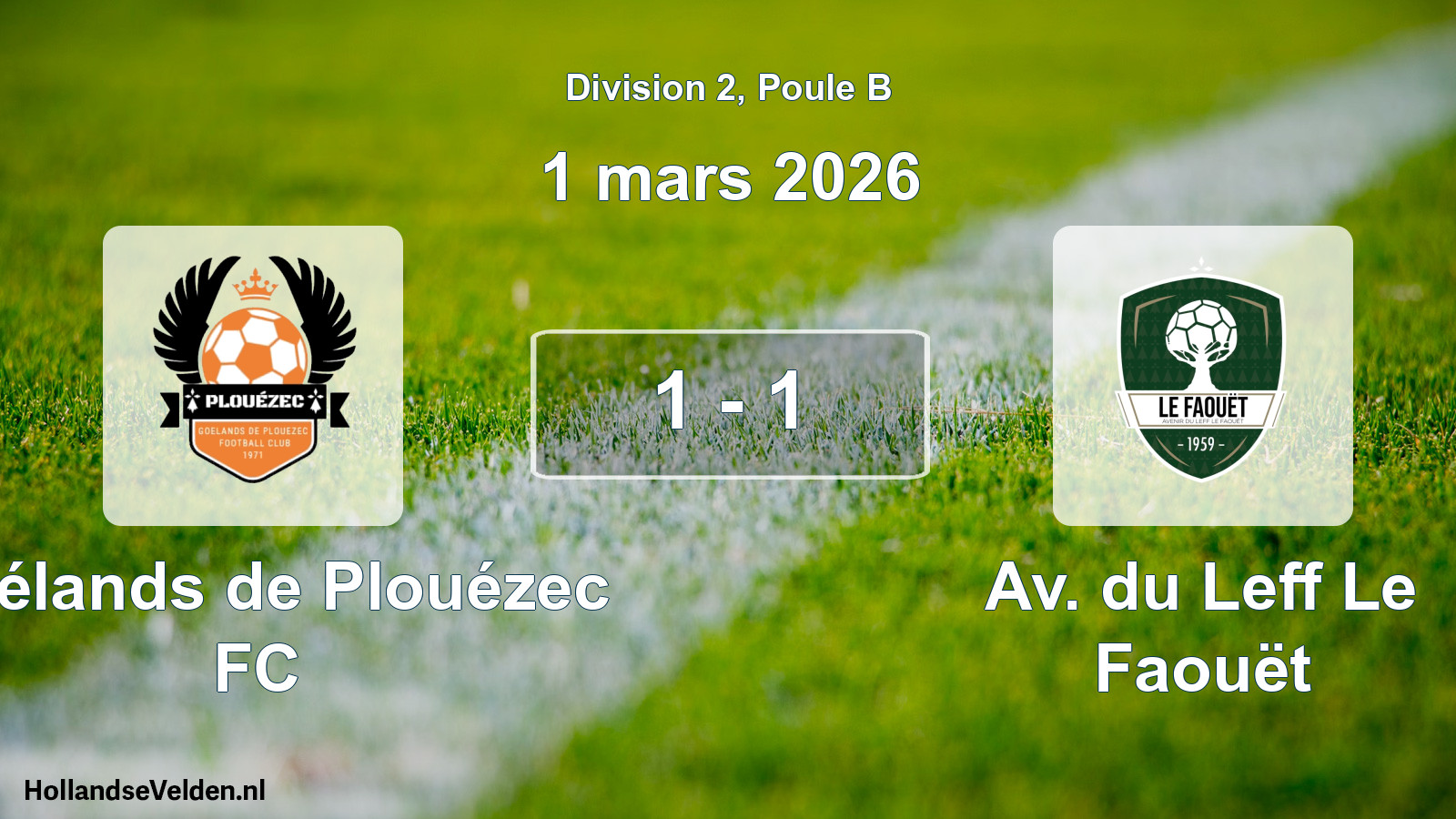 Gespeelde wedstrijd: Goélands de Plouézec FC - Av. du Leff Le Faouët 1 - 1 (1 maart 2026)