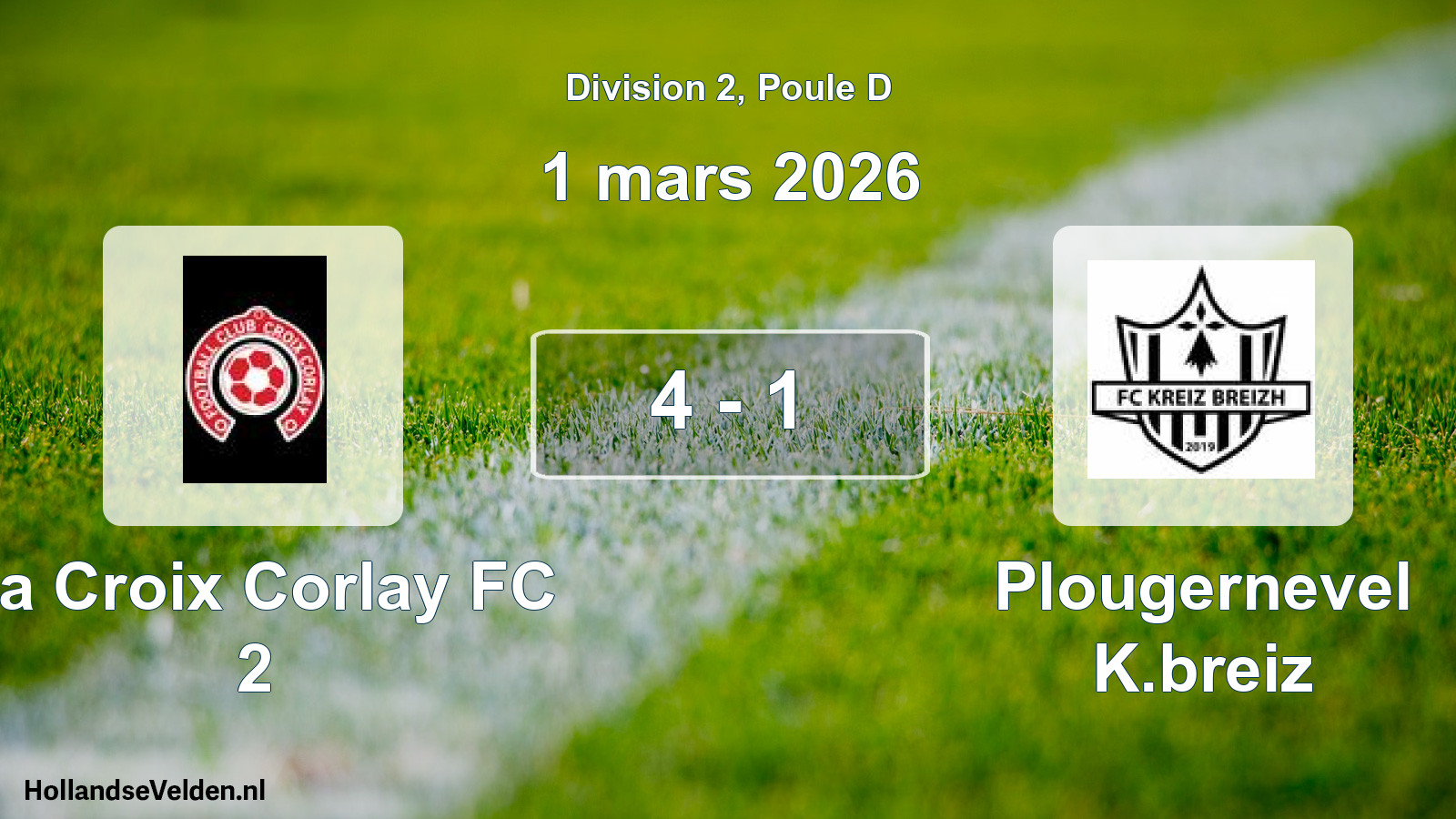 Gespeelde wedstrijd: La Croix Corlay FC 2 - Plougernevel K.breiz 4 - 1 (1 maart 2026)