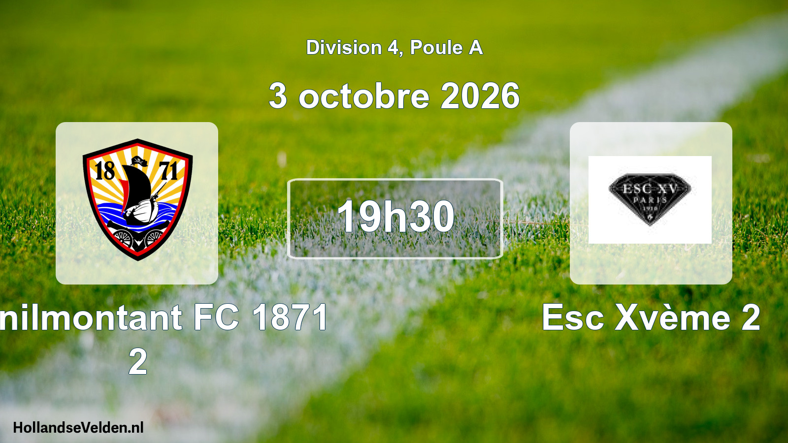 Match programmé: Ménilmontant FC 1871 2 - Esc Xvème 2 (3 octobre 2026)