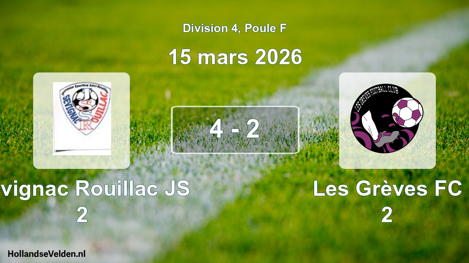 Total number of matches played: Sevignac Rouillac JS 2 - Les Grèves FC 2 4 - 2 (15 March 2026)