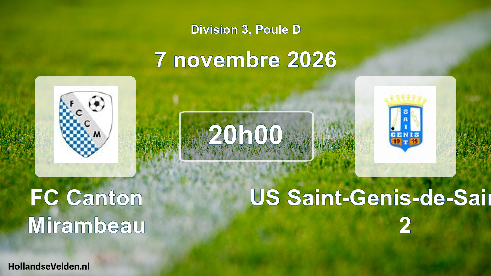 Match programmé: FC Canton Mirambeau - US Saint-Genis-de-Saintonge 2 (7 novembre 2026)