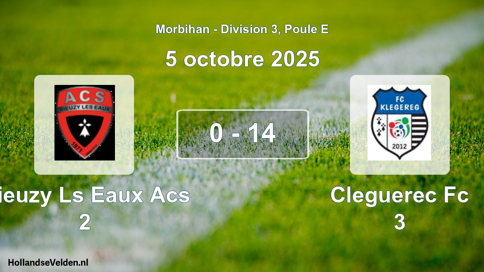 Gespeelde wedstrijd: Bieuzy Ls Eaux Acs 2 - Cleguerec Fc 3 0 - 14 (5 octobre 2025)