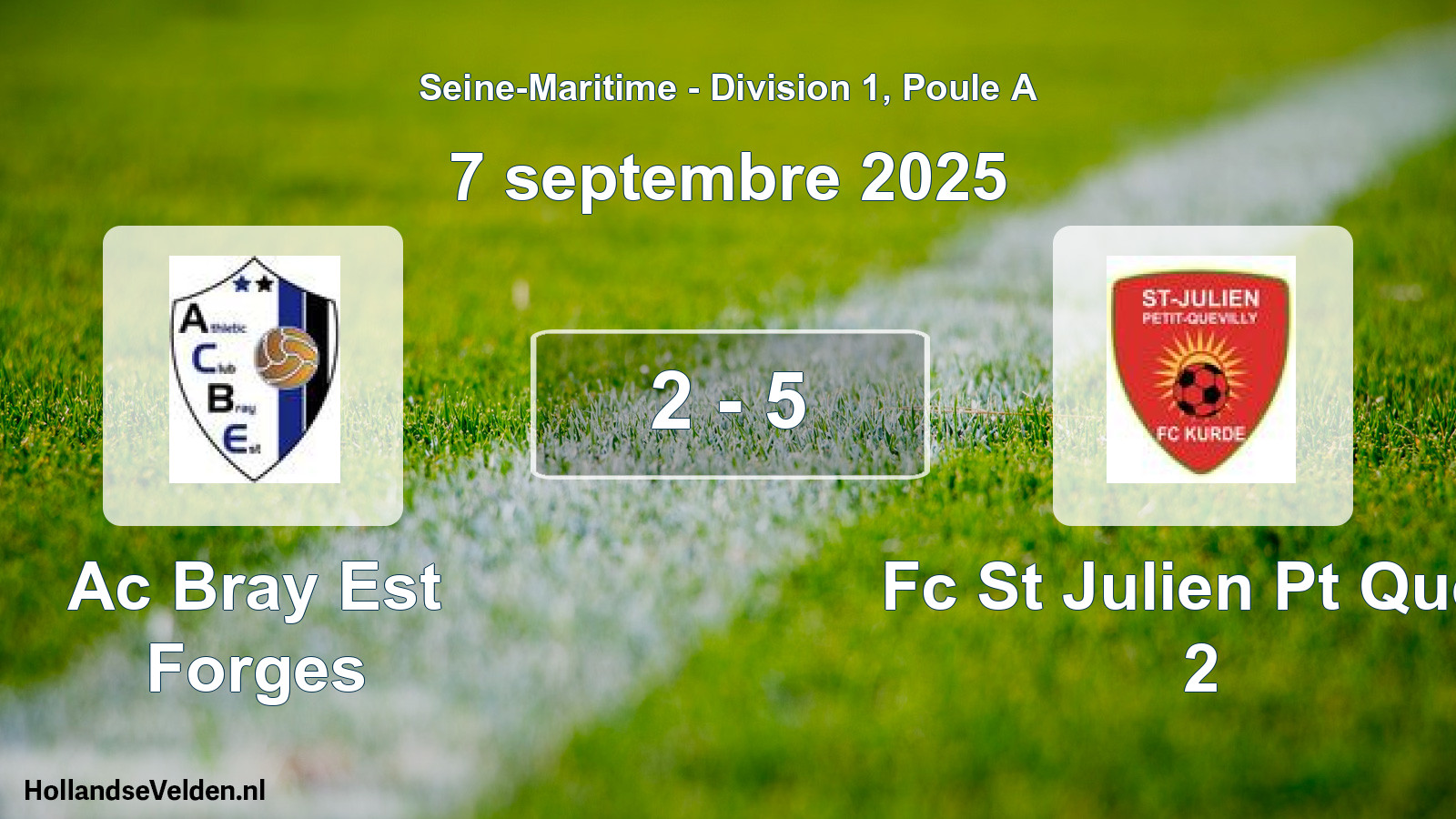 Gespeelde wedstrijd: Ac Bray Est Forges - Fc St Julien Pt Quev 2 2 - 5 (7 septembre 2025)