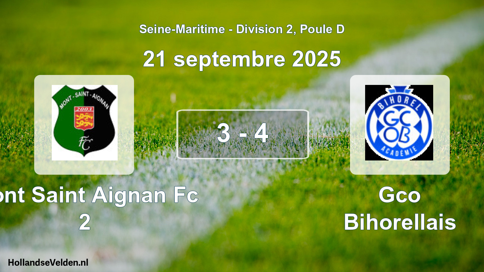Total number of matches played: Mont Saint Aignan Fc 2 - Gco Bihorellais 3 - 4 (21 September 2025)