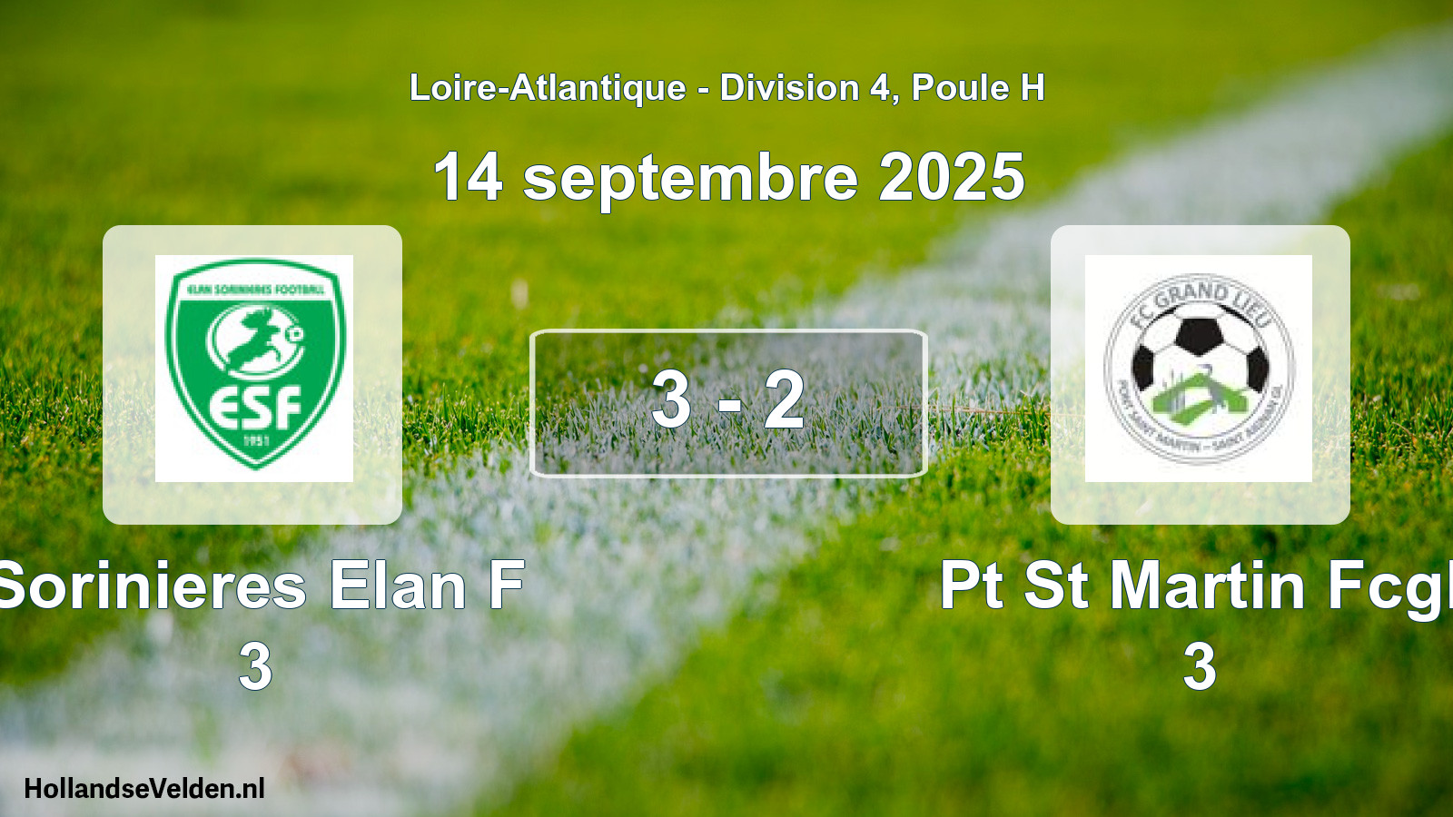 Total number of matches played: Sorinieres Elan F 3 - Pt St Martin Fcgl 3 3 - 2 (14 September 2025)