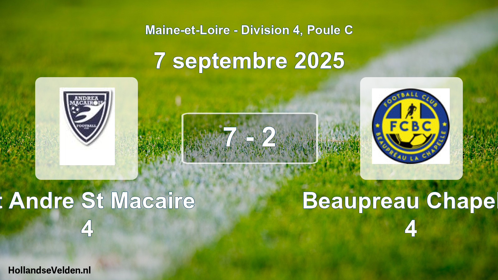 Gespeelde wedstrijd: St Andre St Macaire 4 - Beaupreau Chapelle 4 7 - 2 (7 septembre 2025)
