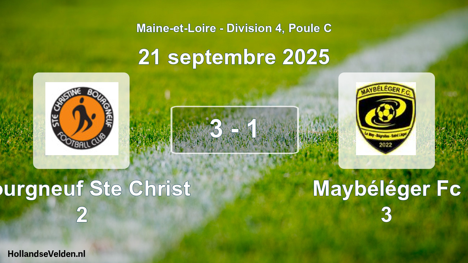 Total number of matches played: Bourgneuf Ste Christ 2 - Maybéléger Fc 3 3 - 1 (21 September 2025)