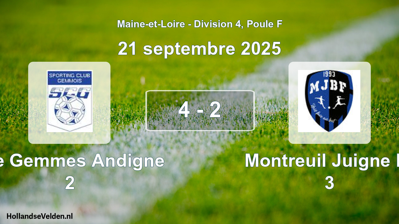 Gespeelde wedstrijd: Ste Gemmes Andigne 2 - Montreuil Juigne Bf 3 4 - 2 (21 septembre 2025)