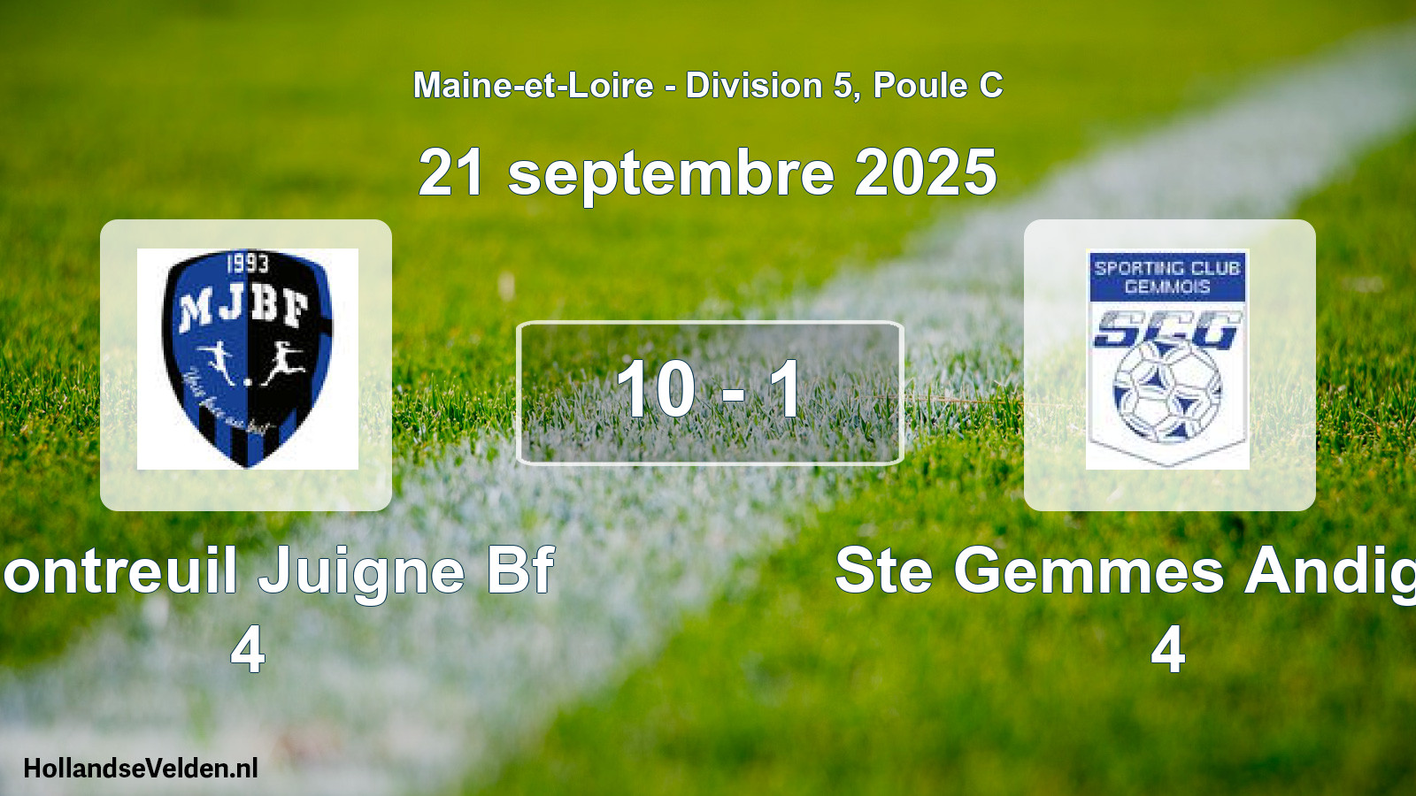Total number of matches played: Montreuil Juigne Bf 4 - Ste Gemmes Andigne 4 10 - 1 (21 September 2025)