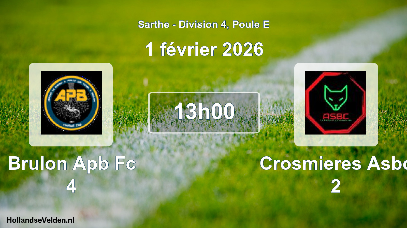 Geplande wedstrijd: Brulon Apb Fc 4 - Crosmieres Asbc 2 (1 février 2026)