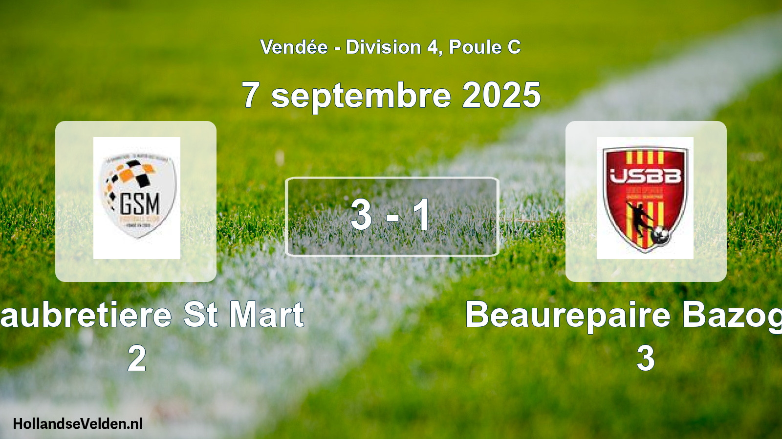 Total number of matches played: Gaubretiere St Mart 2 - Beaurepaire Bazoges 3 3 - 1 (7 September 2025)